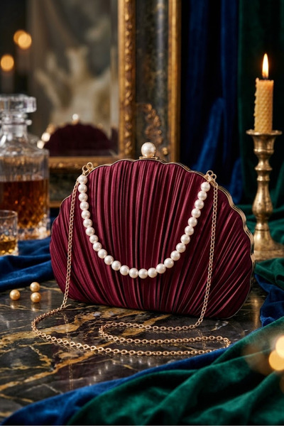 ZEYYMODA حقيبة يد على شكل أصداف المحار باللون العنابي مع تصميم مطوي ومزين بال...