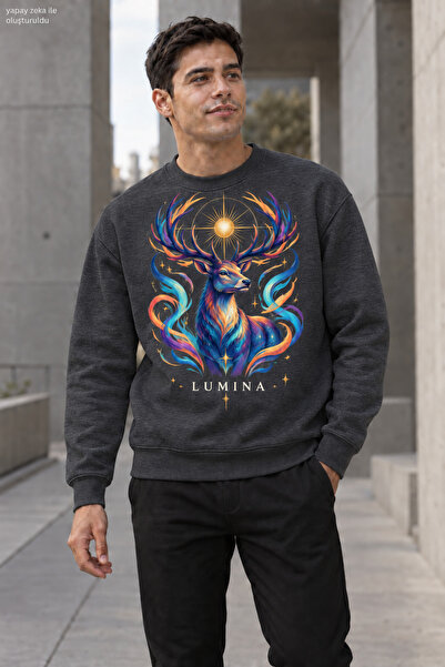 caddekombin Men's Majestic Deer Printed Crew Neck Casual Regular Fit Sweatshirt