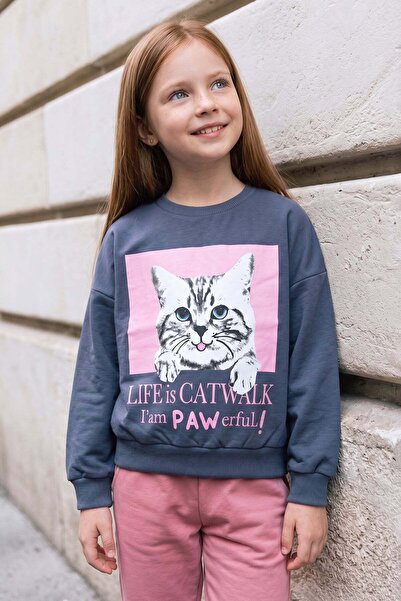 Fulla Moda Cat Printed Crew Neck Oversize Sweatshirt