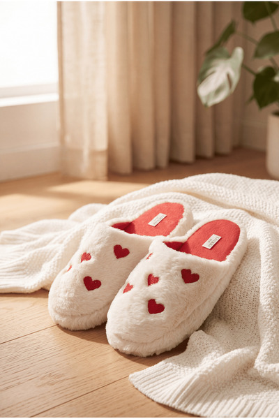 Tonny Black Women's White Heart Patterned Plush House Slippers