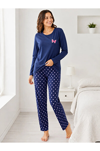 Serena Pijama de Damă cu Bluză și Pantalon Bleumarin cu Buline Roz-Bleumarin