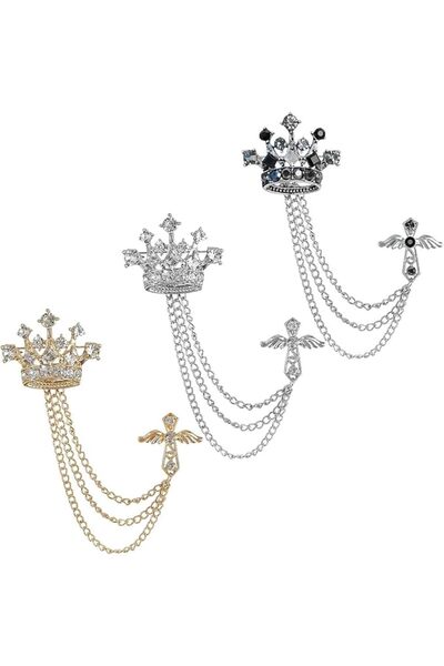 TERRIFI 3PCS Crystal Men's Brooch Suit Pin Badge with Chains,Suit Pin Badge f...