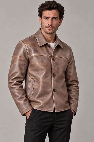 Deriderim Theo Men's Vintage Tumbled Light Brown Genuine Leather Jacket