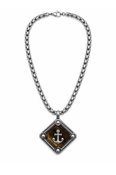 HER ŞEY NOTA www.herseynota.com Anchor Figured Brown Patterned Steel Necklace – Nautical Themed Geometric Design
