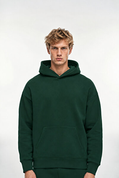 Erkek Haki Renk Kapüşonlu Sweatshirt