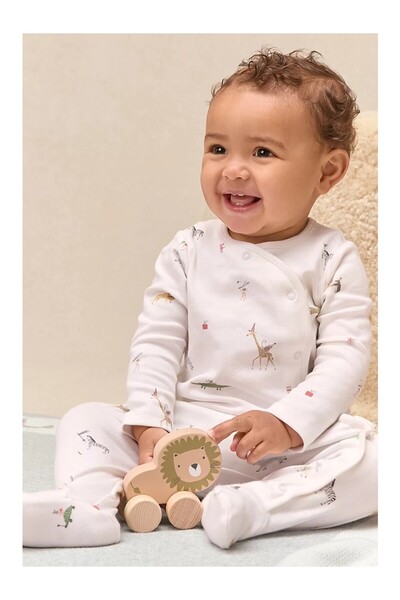 THE WHITE COMPANY كيس نوم للأطفال من القطن العضوي بتصميم حيوانات الحفلات وصدر...