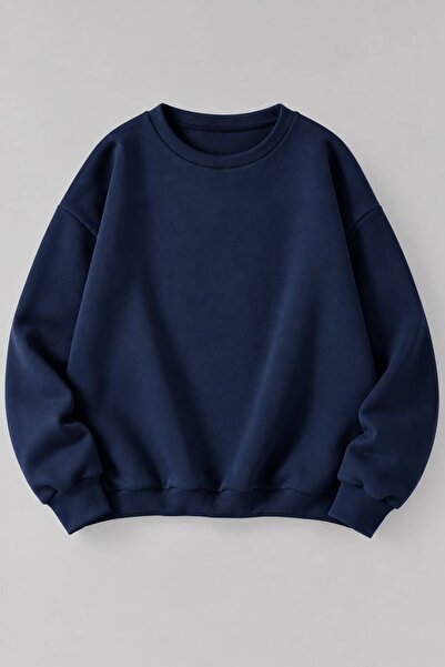 trendgar Mavi Lacivert Bordo 3Lü Bisiklet Yakalı Düz Sweatshirt