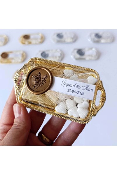 Mekece Nikah Şekeri Nks-316A Mühürlü Madlen Çikolata ve Kalp Şekerli Gold Met...