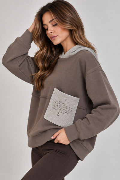 Sortie Kadın Triko Kapüşonlu ve Cepli Pamuklu Sweatshirt Kakao