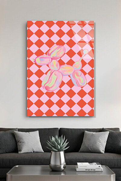 Vitraum Retro Pembe Kırmızı Damalı Balon Köpek Cam Tablo
