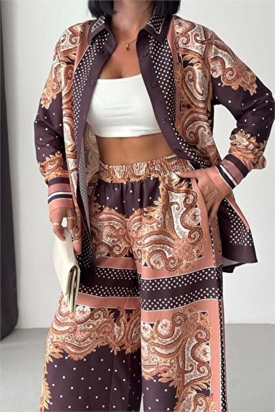 Dipmoda Women's Brown Patterned Shirt and Wide-Leg Pants Two-Piece Design Set...