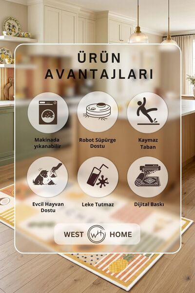 West Home Makinede Yıkanabilir Kaymaz Taban Leke Tutmaz Dijital Mutfak Halısı