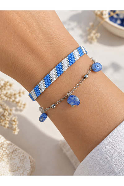 Zet Design 2-Piece Miyuki Woven and Lapis Stone Steel Bracelet