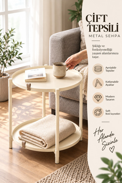 hemlife Çift Tepsili Katlanır Orta Yan Yuvarlak Sehpa Metal - Modern Sehpa 50...
