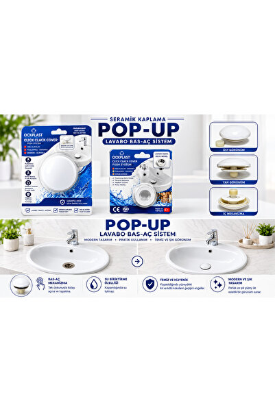 ock plast Seramik Görünümlü - Beyaz Pop-up+Yüzük otomatik lavabo sifonu -üniv...