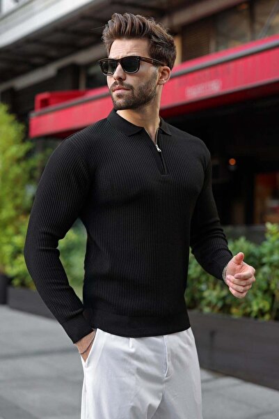 Madmext Black Polo Collar Half Zipper Textured Men's Knitwear Sweater E7510