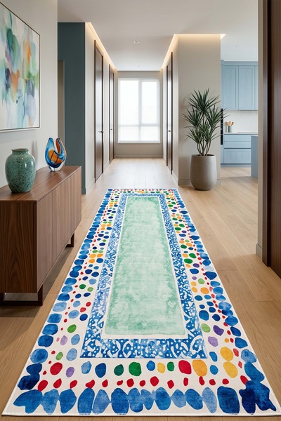 West Home Makinede Yıkanabilir Kaymaz Taban Leke Tutmaz Dijital Salon Mutfak Balkon Halısı ve Yolluk