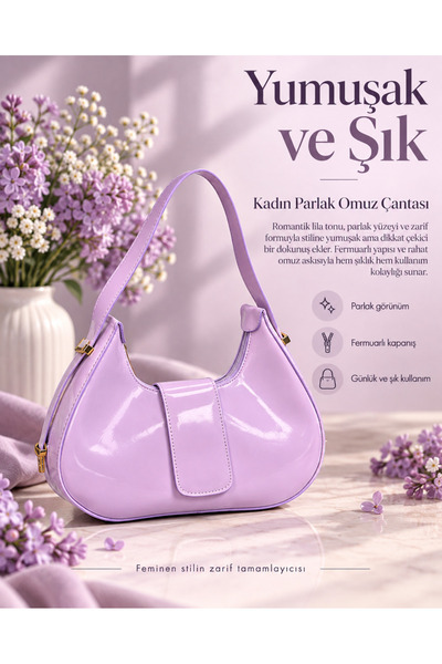 Kadın Parlak Rugan Görünümlü Ön Bant Detaylı Fermuarlı Omuz Çantası