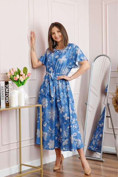 Generic Brand Rochie dama bleu Artemis cu imprimeu floral si cordon in talie