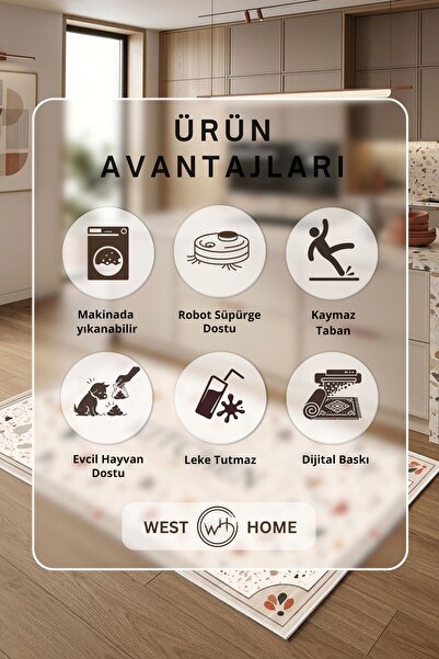 West Home Makinede Yıkanabilir Kaymaz Taban Leke Tutmaz Dijital Mutfak Halısı
