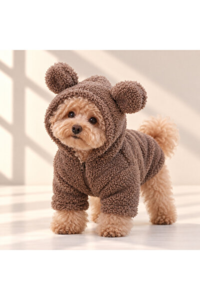 Olchi Köpek Peluş Mont – Kapüşonlu Kulak Detaylı Kahverengi Kışlık Köpek Kıya...
