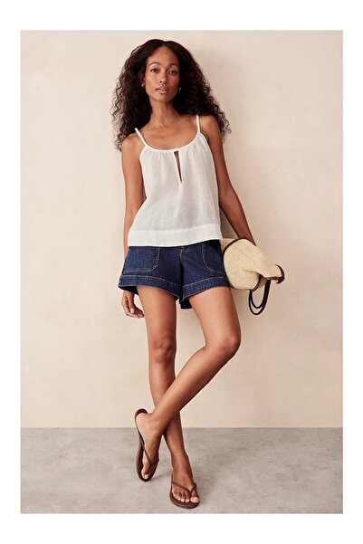 THE WHITE COMPANY Linen Blend Strappy Round Neck Women's Blouse