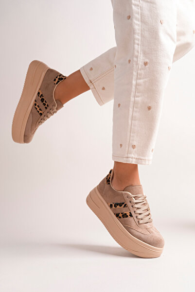 BAHRİNA Women's Mink Suede Leopard Thick Sole Sneaker