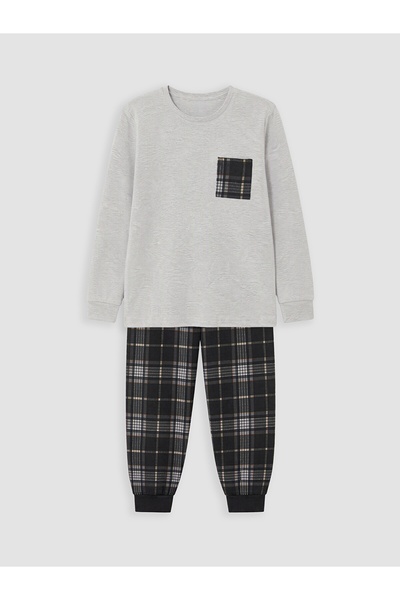 LC Waikiki Boys' Pajama Set Long Sleeve Plaid Pants with Pockets Crew Neck Re...