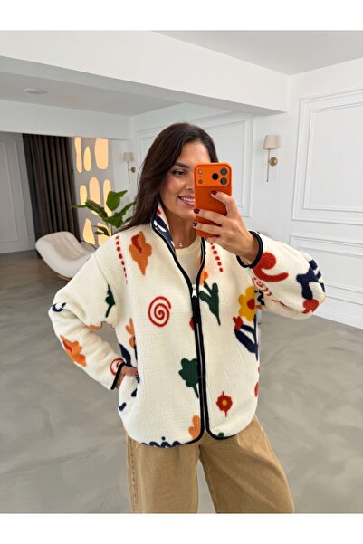 Elif Özbey Butik Sarı Çiçekli Ön Fermuarlı Peluş Sweat