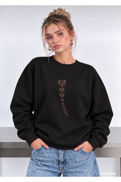 FUFLUNS Leopard Hearts Printed Oversized Women's Crewneck Sweatshirt