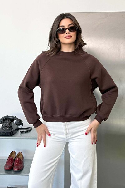 GİYSA Kadın Bisiklet Yaka Reglan Kol Basic Sweatshirt Kahverengi - 27K 2711