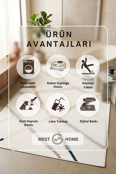 West Home Makinede Yıkanabilir Kaymaz Taban Leke Tutmaz Dijital Salon Mutfak Balkon Halısı ve Yolluk