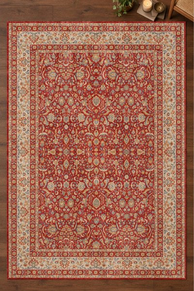ARTLOOP İstanbul Kırmızı Krem Klasik Eskitme Otantik Desenli Vintage Dokuma Tabanlı Şönil Halı AL 671