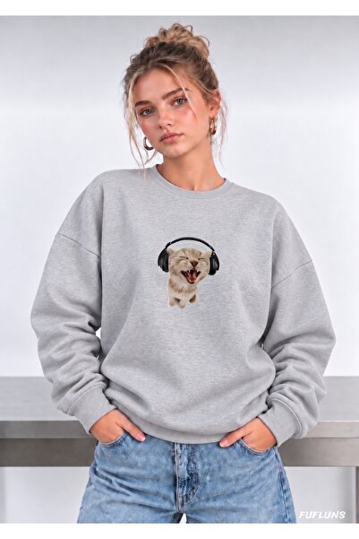 FUFLUNS Oversize Women's Crewneck Sweatshirt with Cat Print and Headphones