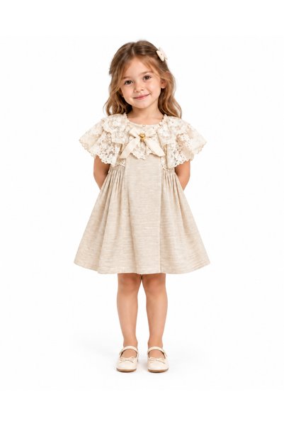miss topkids Miss Top Kids Kız Çocuk Ekru Dantelli Fiyonklu Şık Elbise 1-5 Yaş
