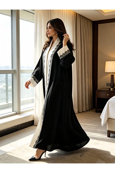 Noon Noora Black and White Spliced Lace-trimmed Front-opening Abaya (no Heads...