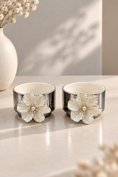 YzHome 2 Li Porselen Gümüş Kaplama Lotus Kahve Yanı Lokumluk İkramlık Kase Sosluk 50ml