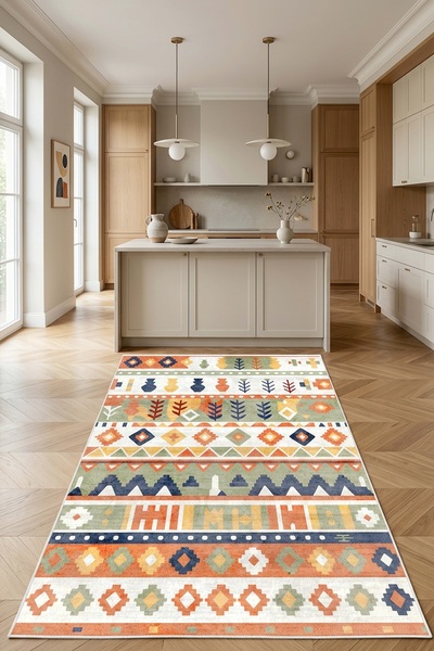 West Home Makinede Yıkanabilir Kaymaz Taban Leke Tutmaz Dijital Salon Mutfak Balkon Halısı ve Yolluk