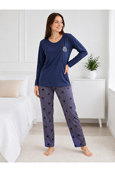 Serena Pijama de Damă cu Bluză și Pantalon Gri Imprimat cu Cățeluși-Bleumarin