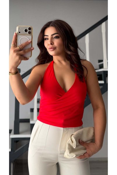 Oslove Red halter neck cross-back blouse