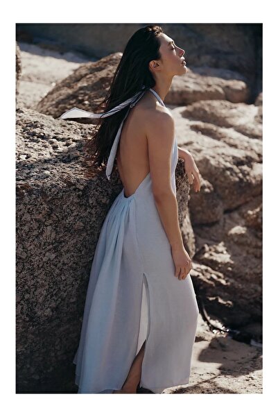 THE WHITE COMPANY فستان ماكسي نسائي من الكتان بياقة هالتر للشاطئ