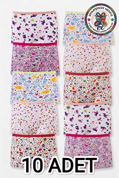 Tutku Pack of 10 Mixed Patterned Cotton Lycra Girls' Boxer Shorts (6 Pieces S...