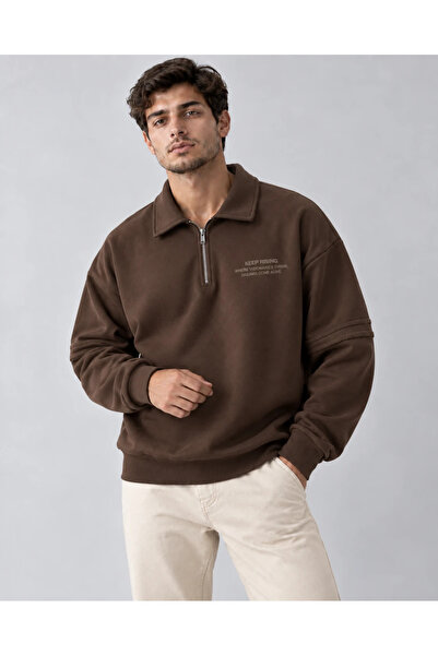 Erkek Fermuarlı Polo Yaka %100 Pamuk Sweatshirt