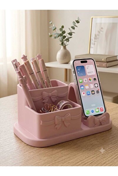 Fiyonk Detaylı Masaüstü Kalemlik ve Telefon Standı - Çok Amaçlı Çalışma Masası Organizeri (Pembe)