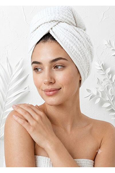 Kastasaksı Beyaz Düğmeli Mikrofiber Saç Havlusu Bonesi – Banyo, Deniz ve Havu...