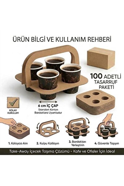 MEŞPA AMBALAJ 4'lü Karton Bardak Taşıyıcı Kulp Aparatı 100 Adet - Kahve İçece...