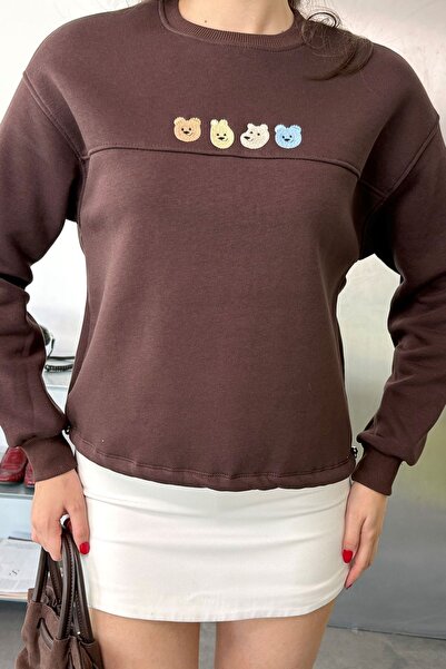 GİYSA Kadın Ayıcık Nakışlı Stoper Detaylı Sweatshirt Kahverengi - 27K 2717