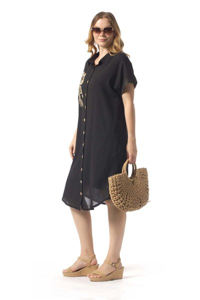 Eliş Şile Bezi Short Sleeve Mira Embroidered Summer Şile Cloth Shirt Dress Black Syh