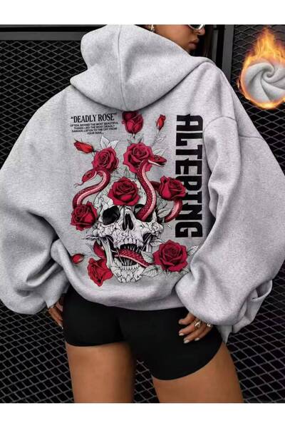 LOUİSA Women's Hooded Back and Front Deadly Rose Printed Gray 2 Thread Raster...