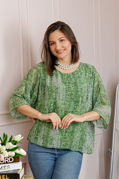 OEM Bluza dama Maddie din voal verde cu imprimeu texturat alb